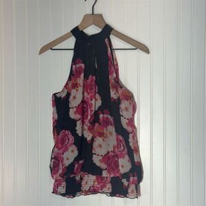IZ Byer Floral Halter Top Size L Black Pink Rose Print Ruffle Hem Keyhole Back